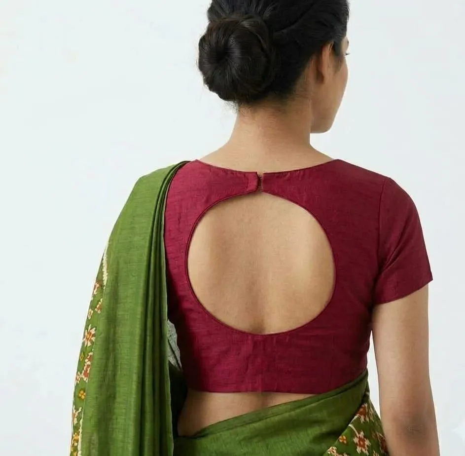 Maroon Raw Silk Boat Neck Readymade Blouse | Designer Round Cut Out Back Stitched Saree Blouse