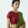 Maroon Raw Silk Boat Neck Readymade Blouse | Designer Round Cut Out Back Stitched Saree Blouse - Image 2