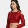 Maroon Raw Silk Cold Shoulder Saree Blouse | Readymade Full Sleeve Boat Neck Padded Crop Top Blouse