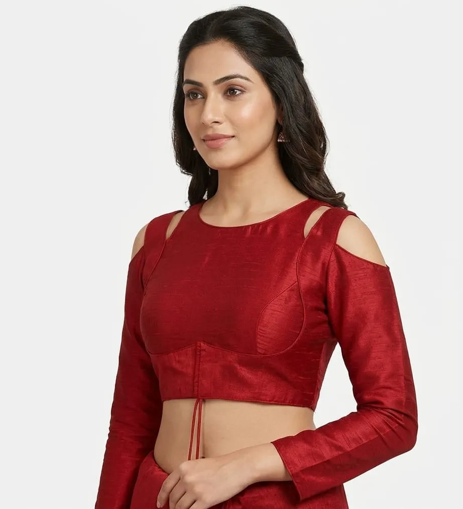 Maroon Raw Silk Cold Shoulder Saree Blouse | Readymade Full Sleeve Boat Neck Padded Crop Top Blouse