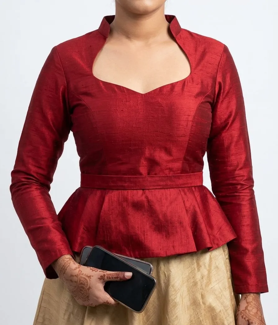 Maroon Raw Silk Peplum Blouse – Full Sleeve High Collar Ready-to-Wear Blouse for Lehenga & Saree