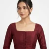 Maroon Raw Silk Ready to Wear Blouse – Square Neck 3/4th Sleeve Readymade Blouse