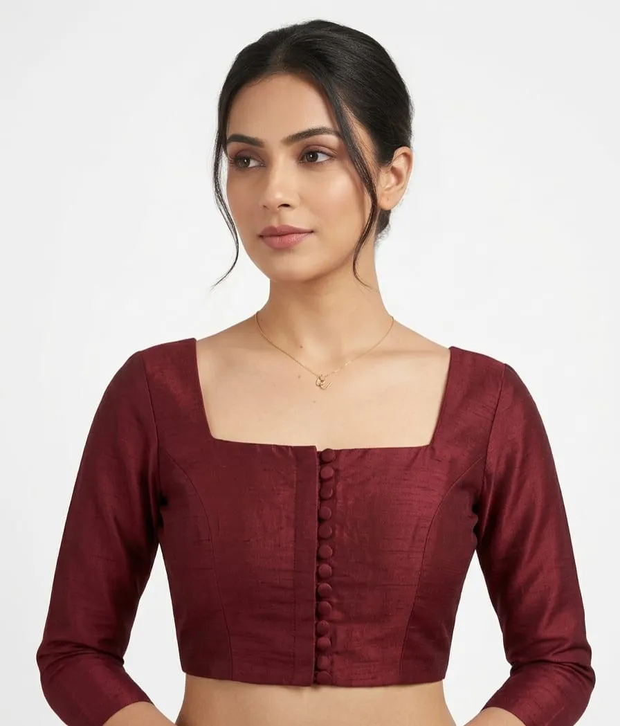 Maroon Raw Silk Ready to Wear Blouse – Square Neck 3/4th Sleeve Readymade Blouse
