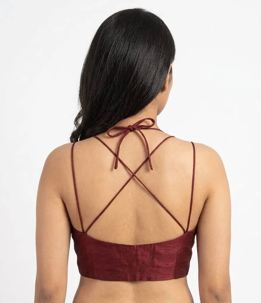 Maroon Raw Silk Readymade Saree Blouse – Scallop Neck Criss-Cross Strappy Back Choli Top