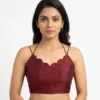 Maroon Raw Silk Readymade Saree Blouse – Scallop Neck Criss-Cross Strappy Back Choli Top - Image 2