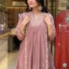 Mauve Embroidered Mul Chanderi Anarkali Kurti Pant Set with Dupatta – 3-Piece Festive Suit
