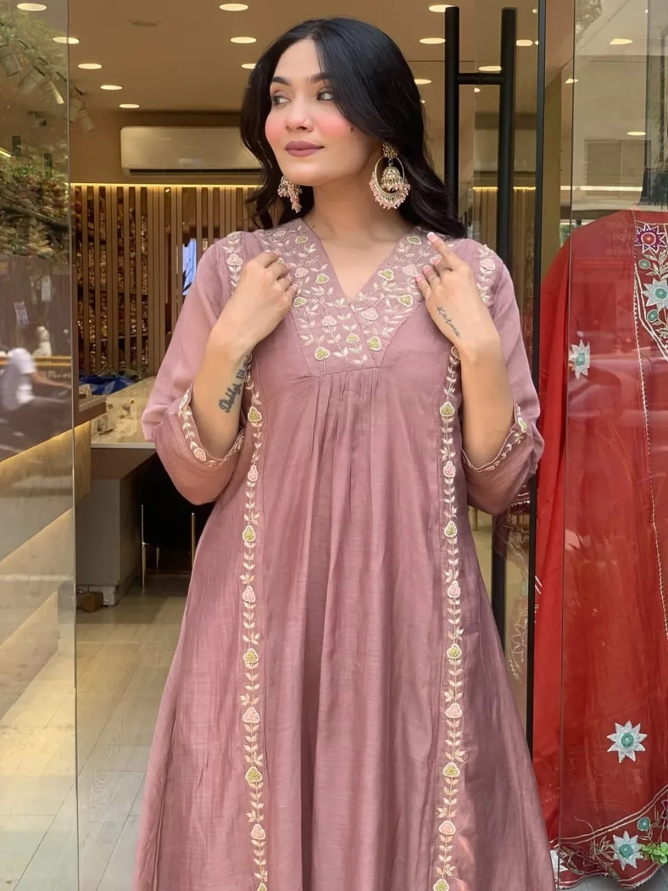 Mauve Embroidered Mul Chanderi Anarkali Kurti Pant Set with Dupatta – 3-Piece Festive Suit