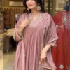 Mauve Embroidered Mul Chanderi Anarkali Kurti Pant Set with Dupatta – 3-Piece Festive Suit - Image 2