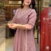 Mauve Embroidered Mul Chanderi Anarkali Kurti Pant Set with Dupatta – 3-Piece Festive Suit - Image 3
