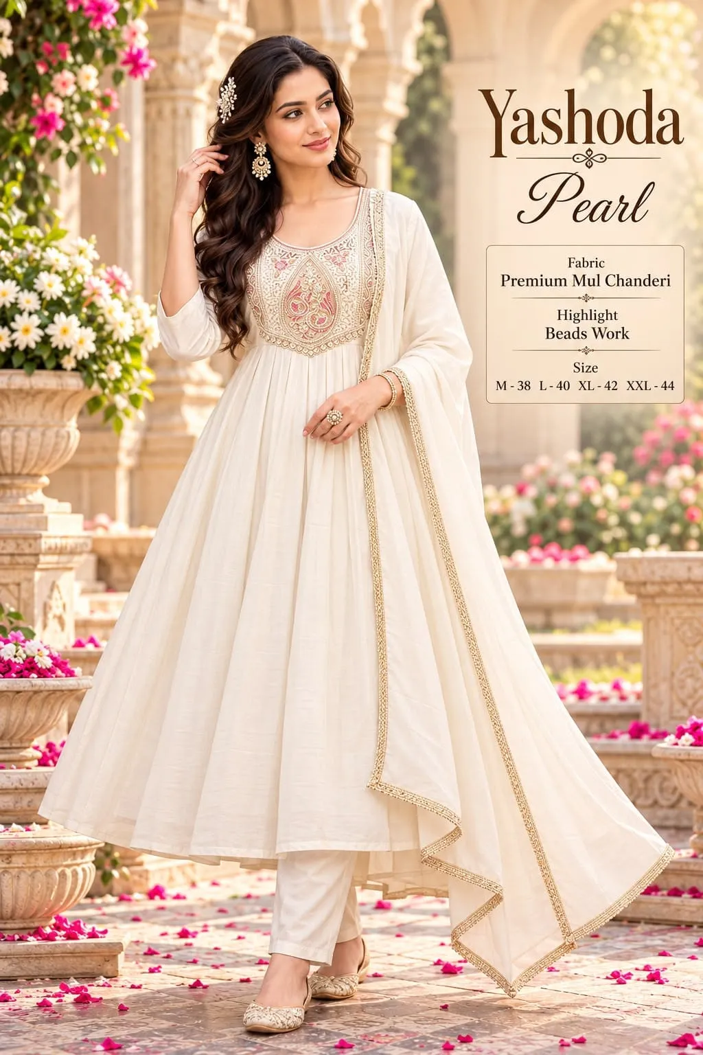Mul Chanderi Beads Work Anarkali Suit Set with Dupatta