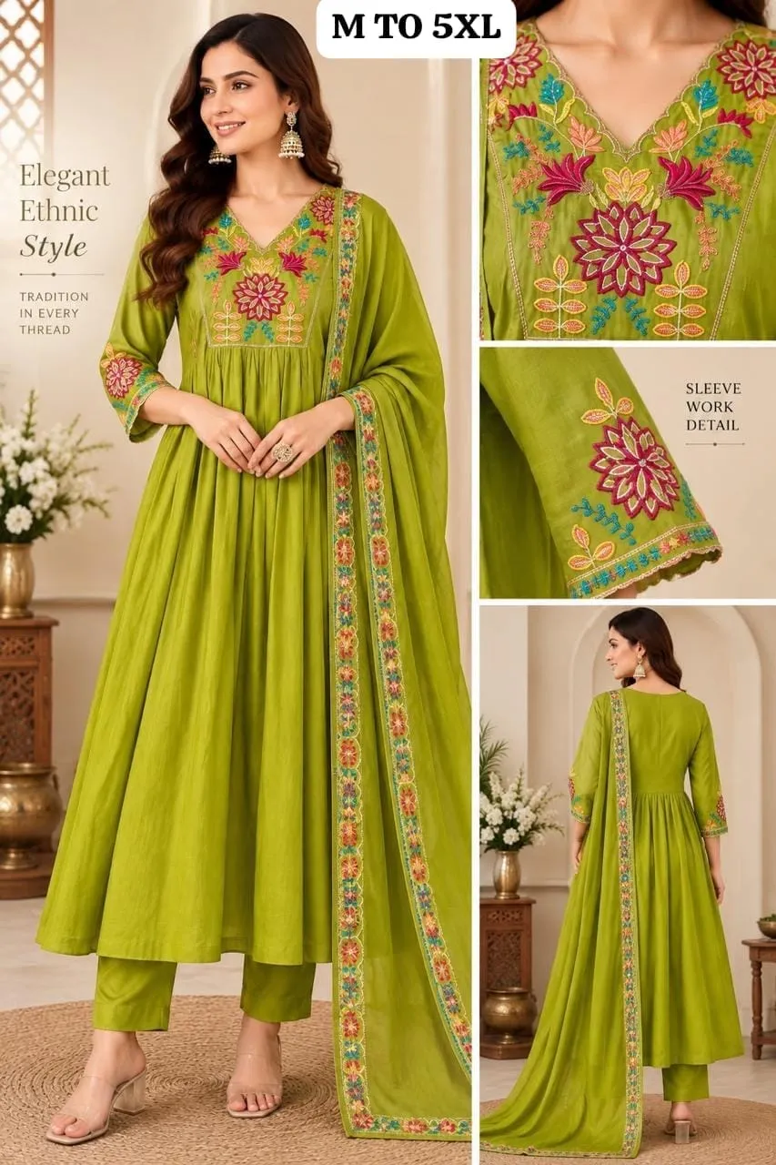 Mul Chanderi Embroidered Anarkali Suit Set with Scalloped Dupatta & Pant (Sizes M to 5XL)