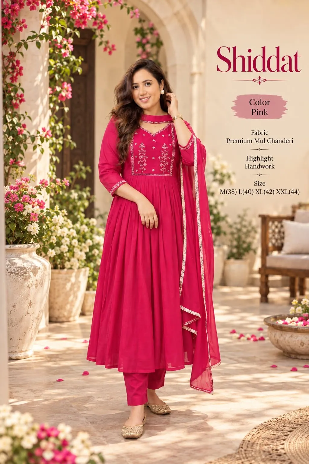 Mul Chanderi Handwork Anarkali Kurti Pant Dupatta Set
