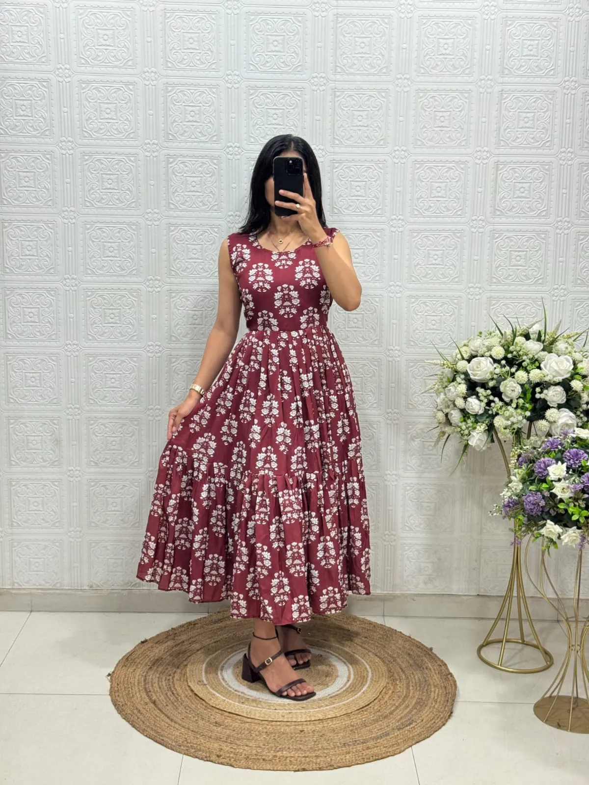Muslin Printed Tiered Maxi Dress with Hakoba Cotton Koti Jacket – Floral Kurti Dress Set