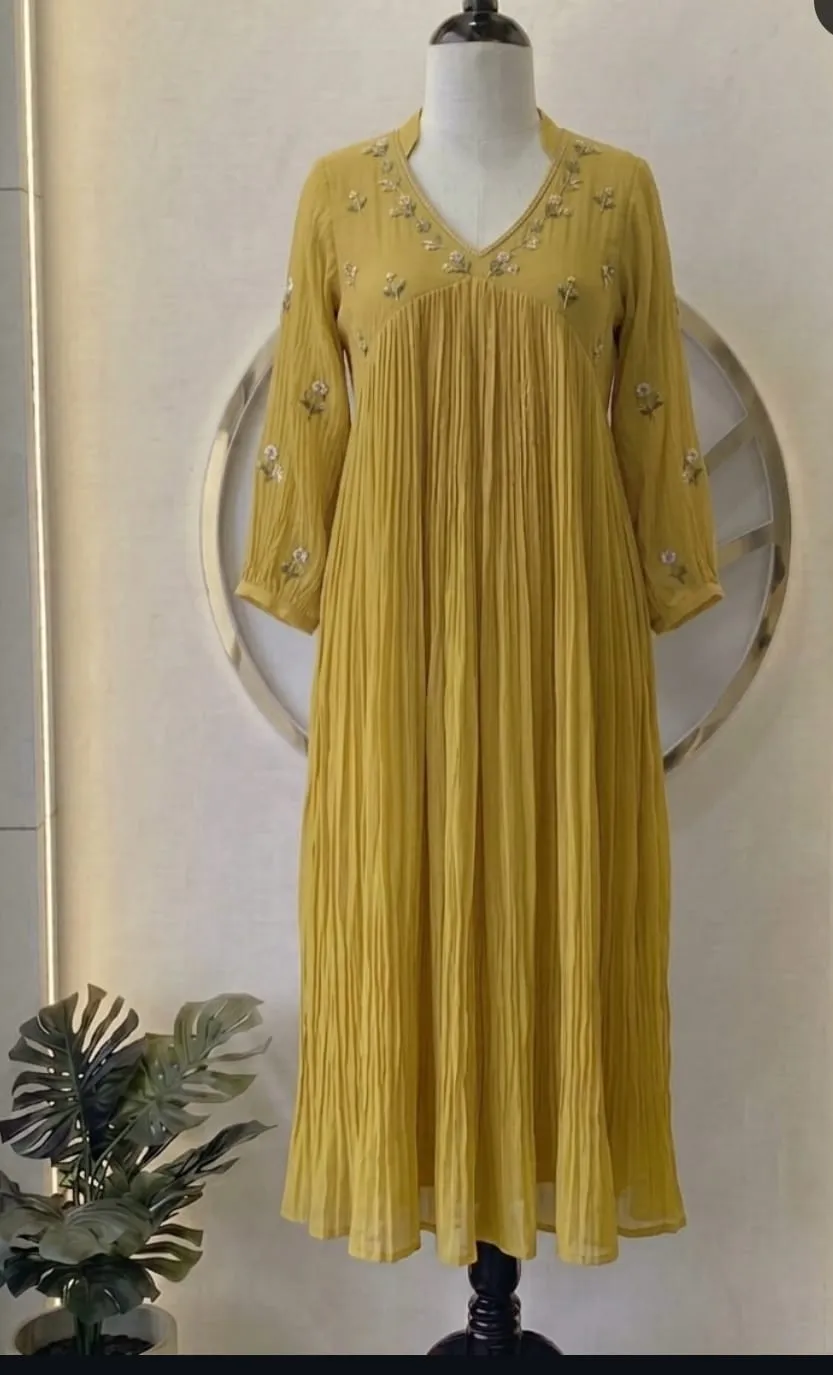 Mustard Yellow Pleated Floral Embroidered Anarkali Dress