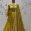 Mustard Yellow Pleated Silk Anarkali Gown with Handcrafted Zardozi Yoke & Scallop Dupatta | Haldi & Festive Party Wear