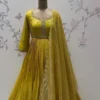 Mustard Yellow Pleated Silk Anarkali Gown with Handcrafted Zardozi Yoke & Scallop Dupatta | Haldi & Festive Party Wear - Image 2