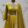Mustard Yellow Pleated Silk Anarkali Gown with Handcrafted Zardozi Yoke & Scallop Dupatta | Haldi & Festive Party Wear - Image 3