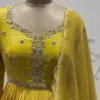 Mustard Yellow Pleated Silk Anarkali Gown with Handcrafted Zardozi Yoke & Scallop Dupatta | Haldi & Festive Party Wear - Image 4