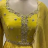 Mustard Yellow Pleated Silk Anarkali Gown with Handcrafted Zardozi Yoke & Scallop Dupatta | Haldi & Festive Party Wear - Image 7