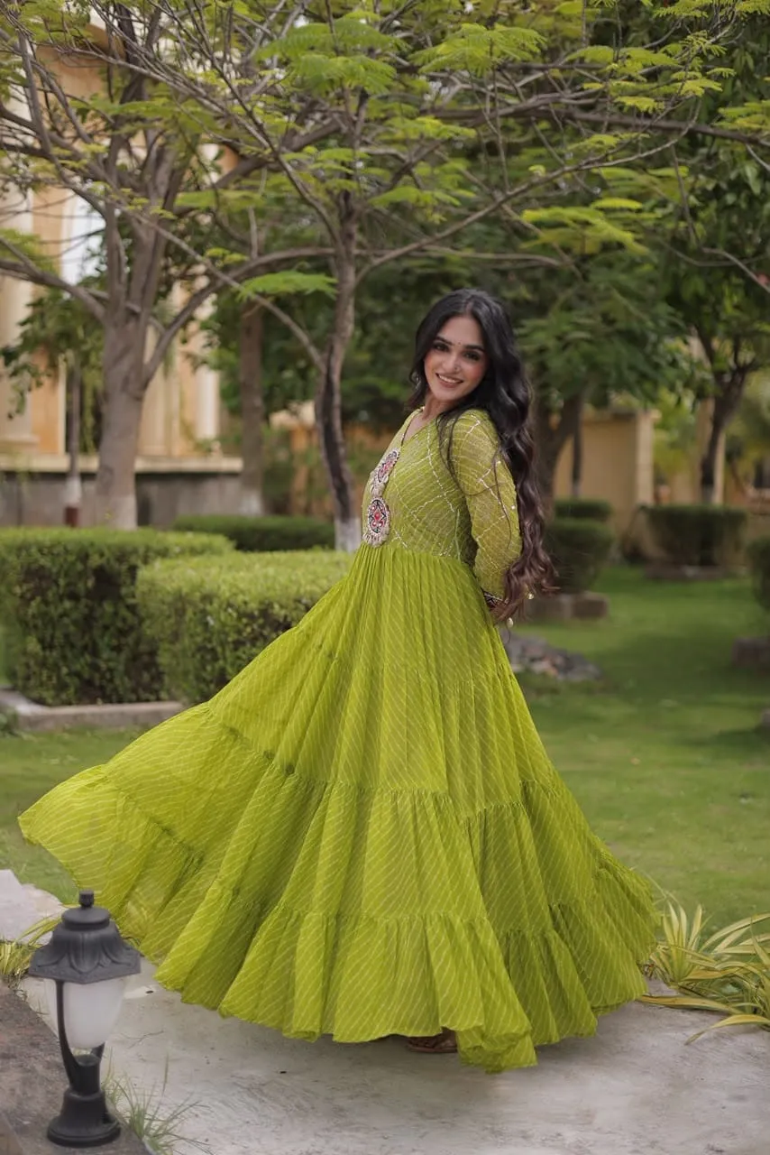 Navratri Leheriya Print Faux Georgette Gown | 12-Meter Huge Flair Tiered Anarkali with Kutchi Patchwork Yoke