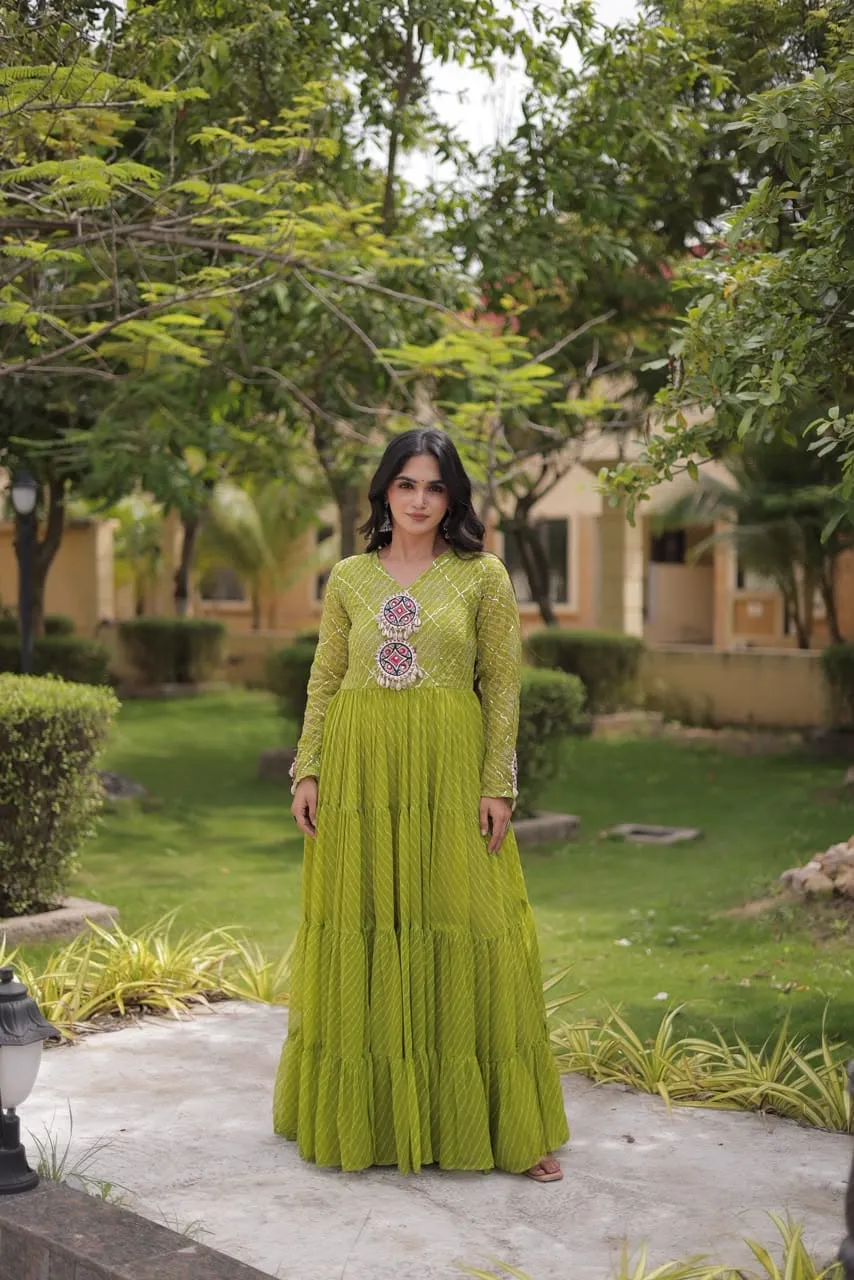 Navratri Leheriya Print Faux Georgette Gown | 12-Meter Huge Flair Tiered Anarkali with Kutchi Patchwork Yoke - Image 3
