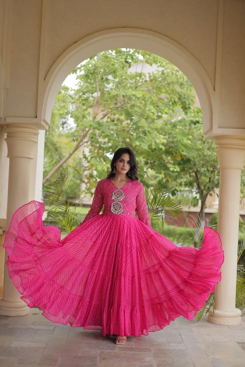 Navratri Leheriya Print Faux Georgette Gown | 12-Meter Huge Flair Tiered Anarkali with Kutchi Patchwork Yoke - Image 4