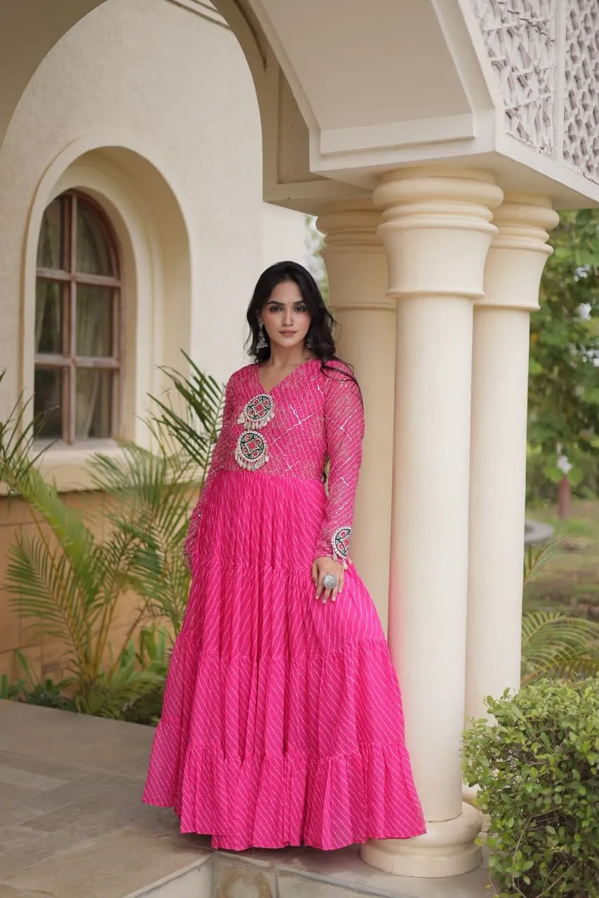Navratri Leheriya Print Faux Georgette Gown | 12-Meter Huge Flair Tiered Anarkali with Kutchi Patchwork Yoke - Image 5