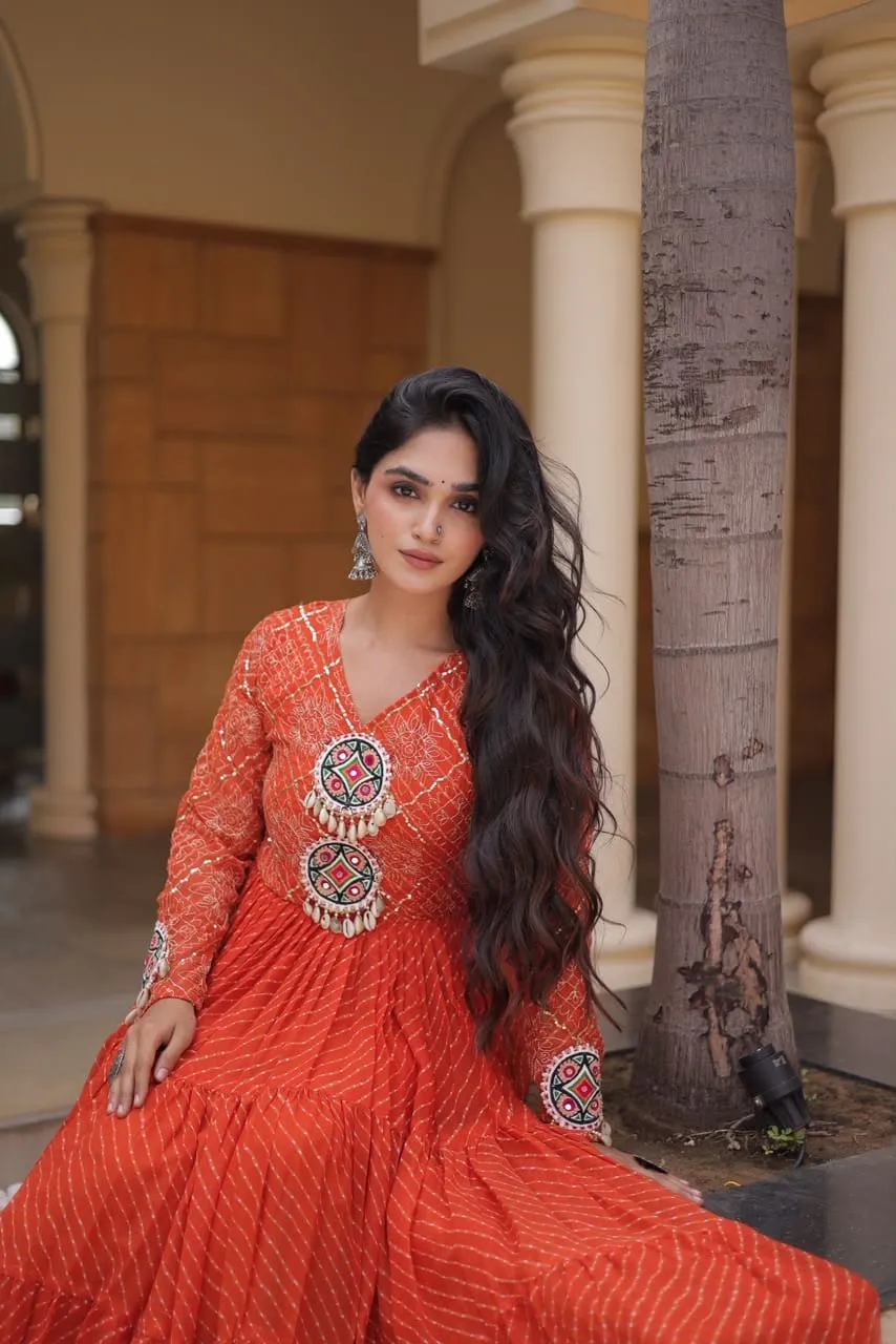 Navratri Leheriya Print Faux Georgette Gown | 12-Meter Huge Flair Tiered Anarkali with Kutchi Patchwork Yoke - Image 6