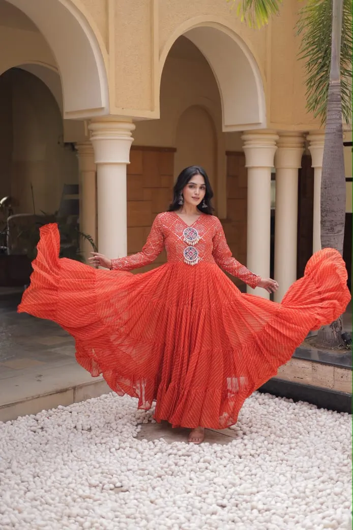 Navratri Leheriya Print Faux Georgette Gown | 12-Meter Huge Flair Tiered Anarkali with Kutchi Patchwork Yoke - Image 7