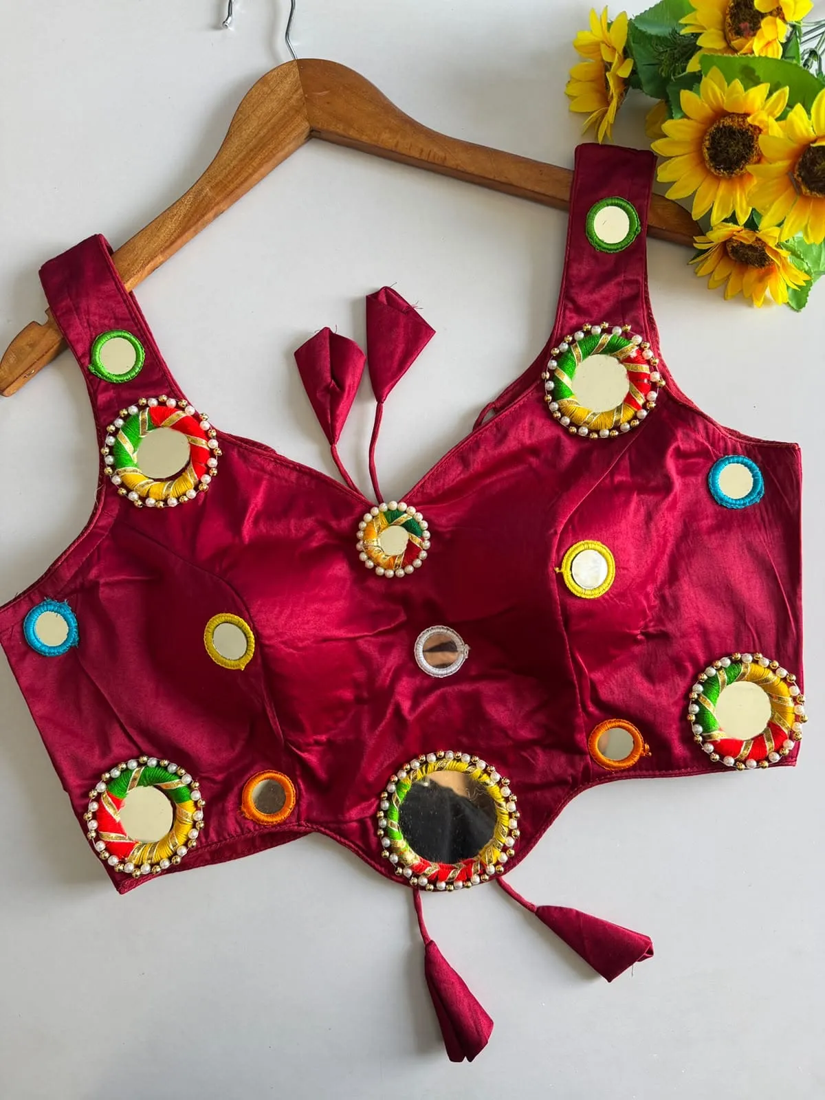 Navratri Special Real Mirror Work Roman Silk Blouse | Padded Princess Cut Sleeveless Saree Blouse (Free Size Upto 42) - Image 18