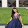 Navy Blue Embroidered Yoke Flared Long Frock Gown