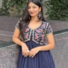 Navy Blue Embroidered Yoke Flared Long Frock Gown - Image 2