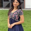 Navy Blue Embroidered Yoke Flared Long Frock Gown - Image 3