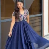 Navy Blue Embroidered Yoke Flared Long Frock Gown - Image 4
