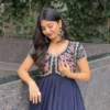 Navy Blue Embroidered Yoke Flared Long Frock Gown - Image 7