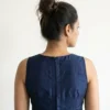 Navy Blue Raw Silk Sleeveless Saree Blouse – High Boat Neck Inverted V-Cut Crop Top Choli - Image 2