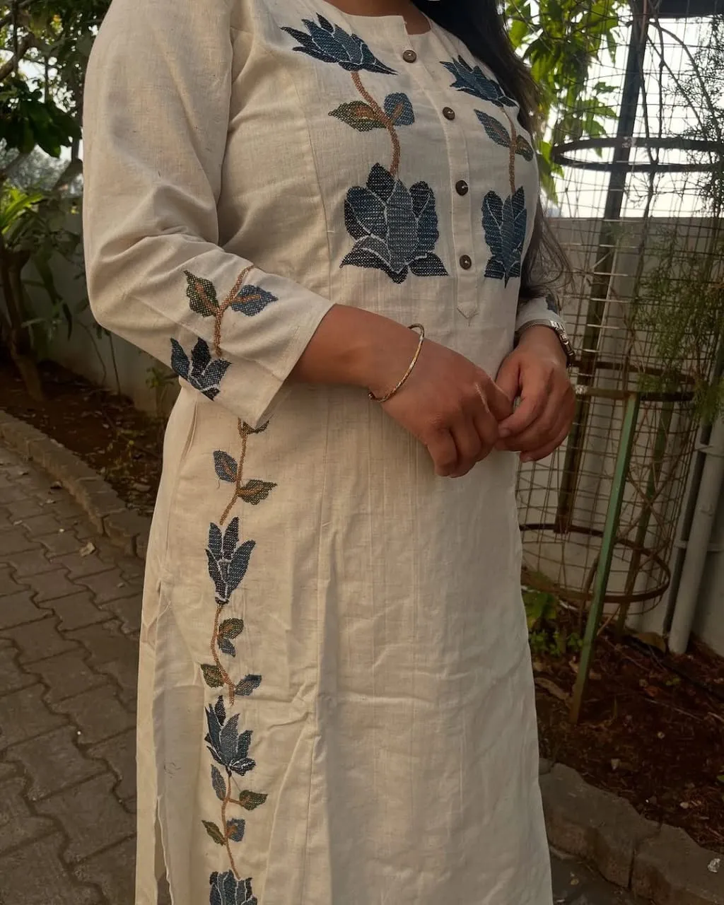 Off-White Cotton Flex Embroidered Co-Ord Set – Kurti with Pants (Work to Vacation Wear) - Image 2
