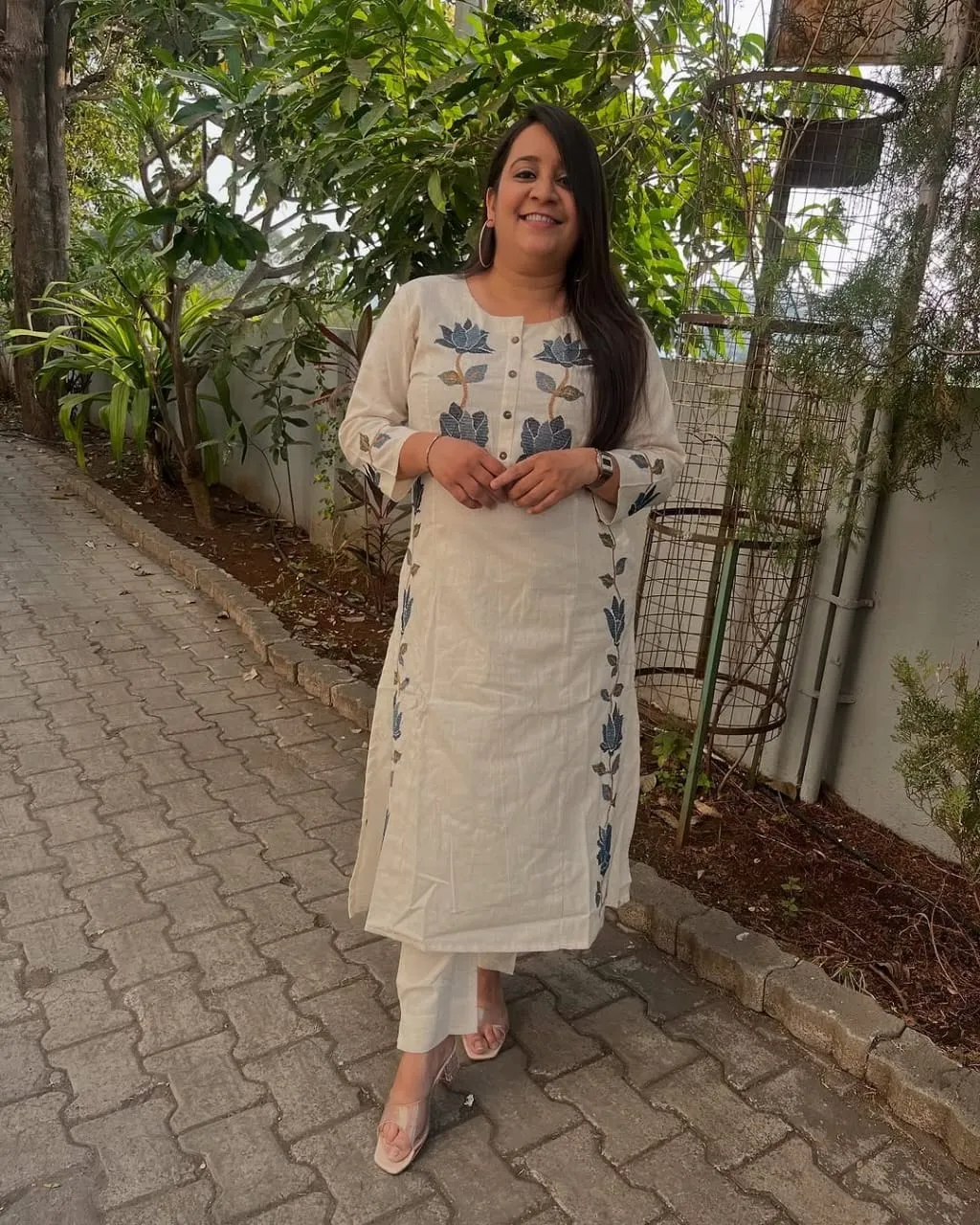 Off-White Cotton Flex Embroidered Co-Ord Set – Kurti with Pants (Work to Vacation Wear) - Image 3
