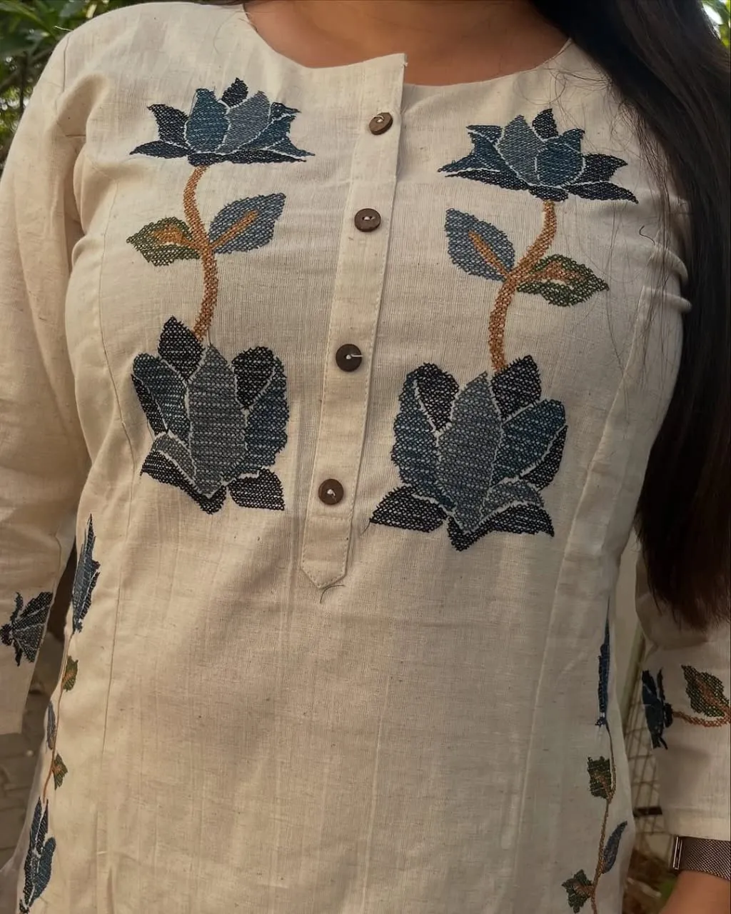 Off-White Cotton Flex Embroidered Co-Ord Set – Kurti with Pants (Work to Vacation Wear) - Image 4