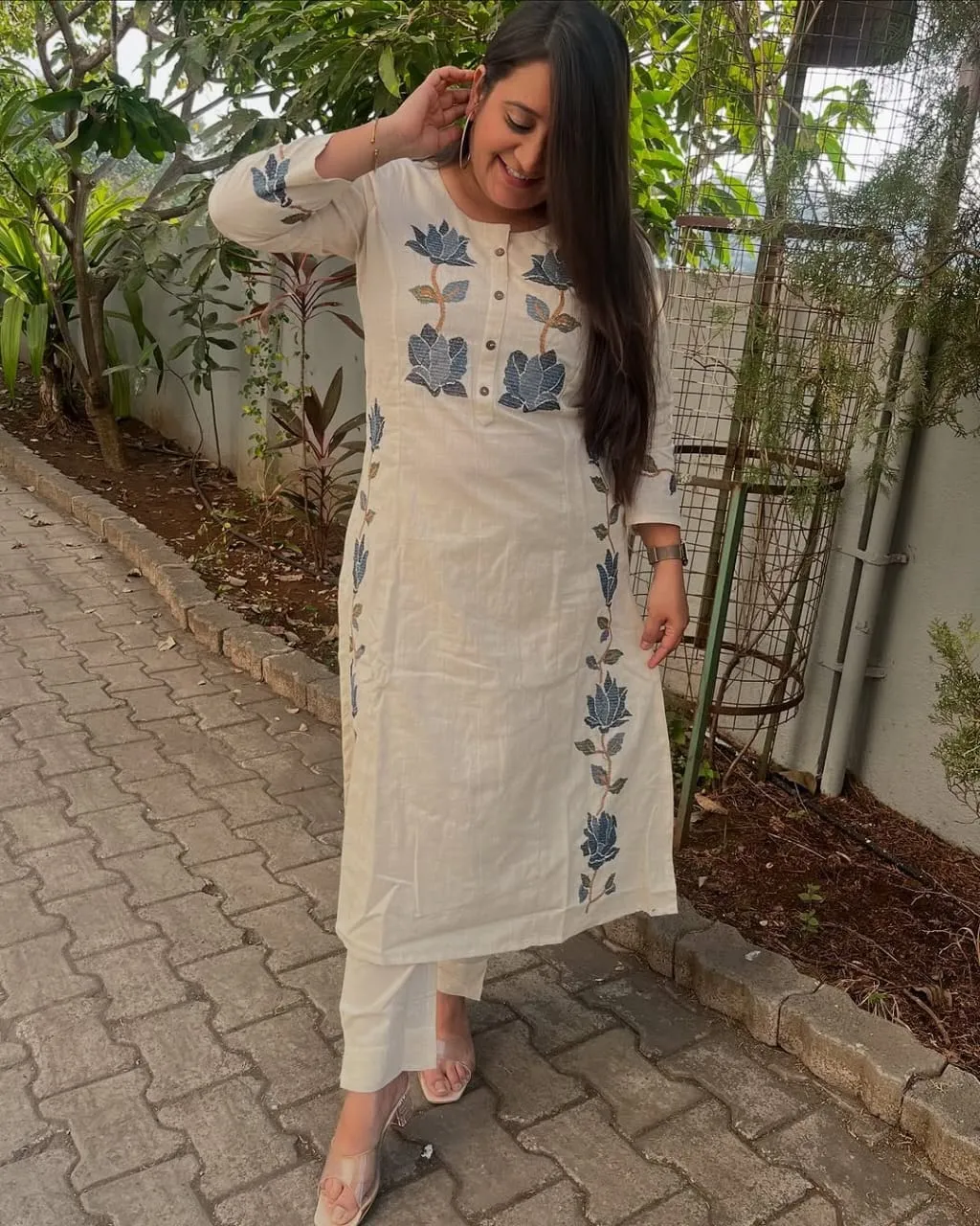Off-White Cotton Flex Embroidered Co-Ord Set – Kurti with Pants (Work to Vacation Wear) - Image 5