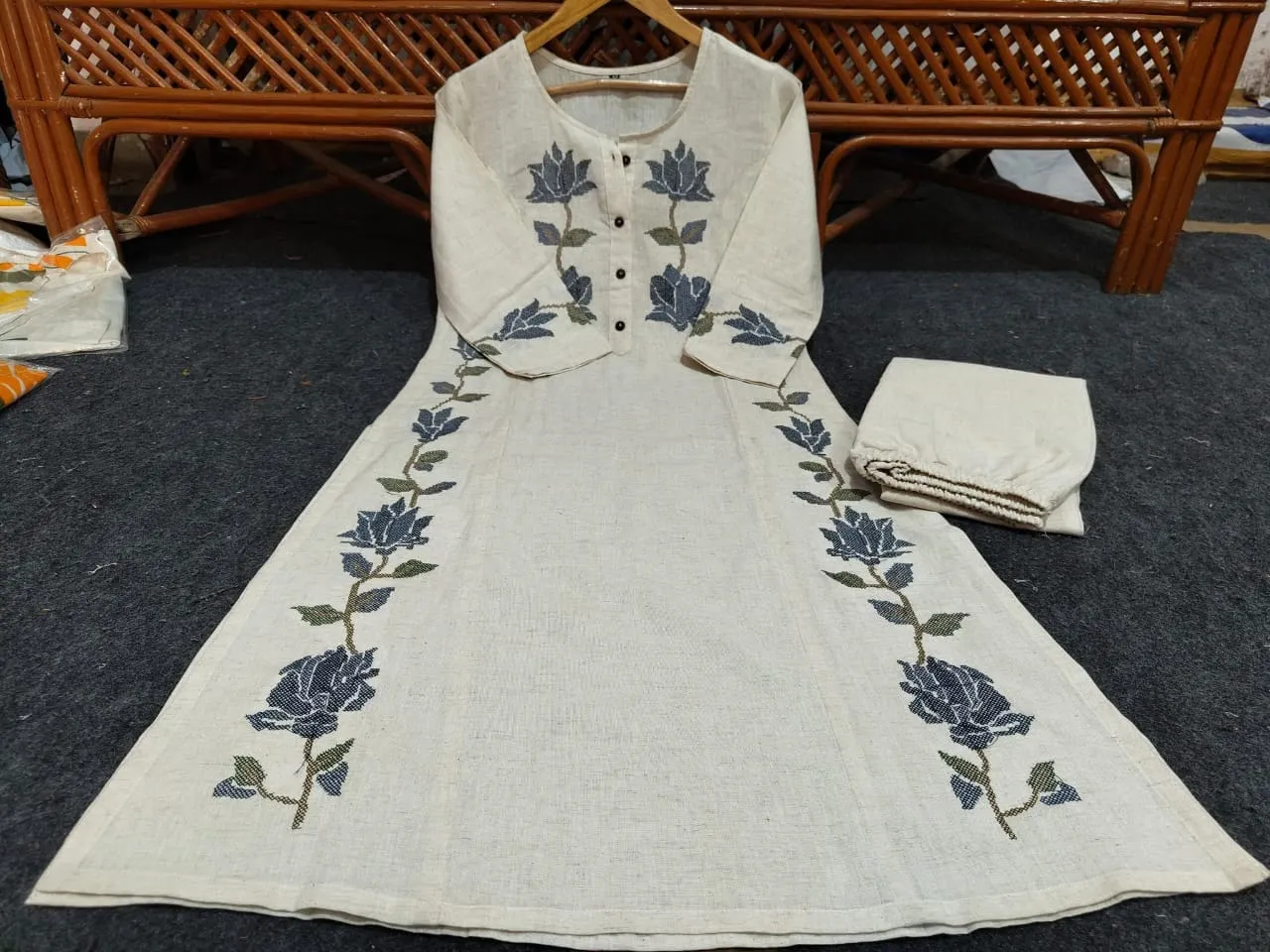Off-White Cotton Flex Embroidered Co-Ord Set – Kurti with Pants (Work to Vacation Wear) - Image 6