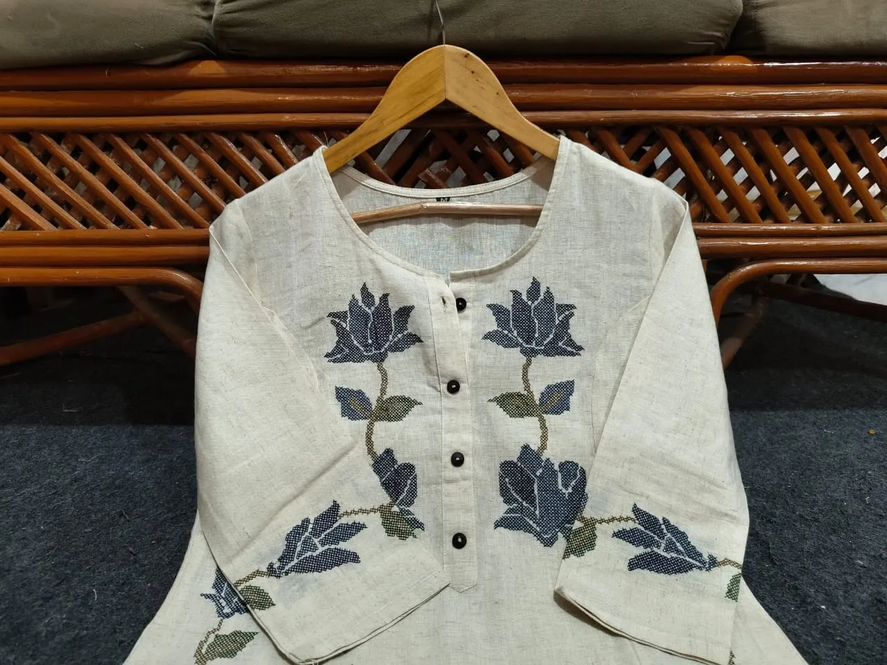 Off-White Cotton Flex Embroidered Co-Ord Set – Kurti with Pants (Work to Vacation Wear) - Image 7