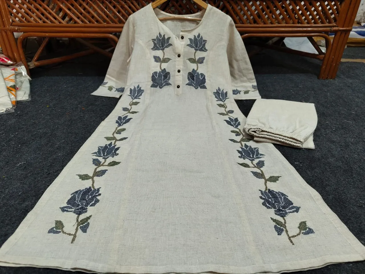 Off-White Cotton Flex Embroidered Co-Ord Set – Kurti with Pants (Work to Vacation Wear) - Image 8