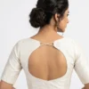Off-White Raw Silk Readymade Saree Blouse | Round Neck Deep Back Cutout with Criss-Cross Straps & Elbow Sleeves