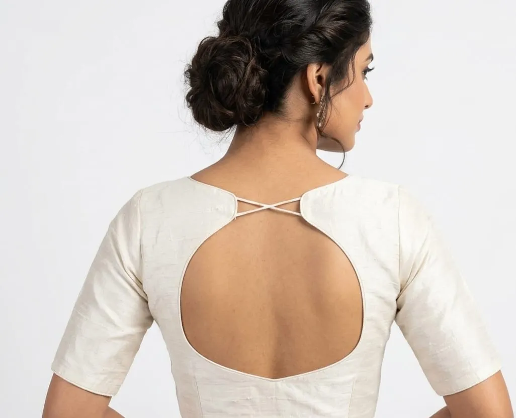 Off-White Raw Silk Readymade Saree Blouse | Round Neck Deep Back Cutout with Criss-Cross Straps & Elbow Sleeves