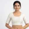 Off-White Raw Silk Readymade Saree Blouse | Round Neck Deep Back Cutout with Criss-Cross Straps & Elbow Sleeves - Image 2