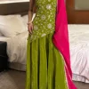 Olive Crepe Embroidered Kurti Sharara Set with Organza Dupatta