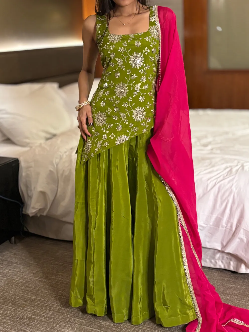 Olive Crepe Embroidered Kurti Sharara Set with Organza Dupatta