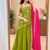 Olive Crepe Embroidered Kurti Sharara Set with Organza Dupatta - Image 3