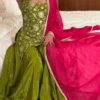 Olive Crepe Embroidered Kurti Sharara Set with Organza Dupatta - Image 4